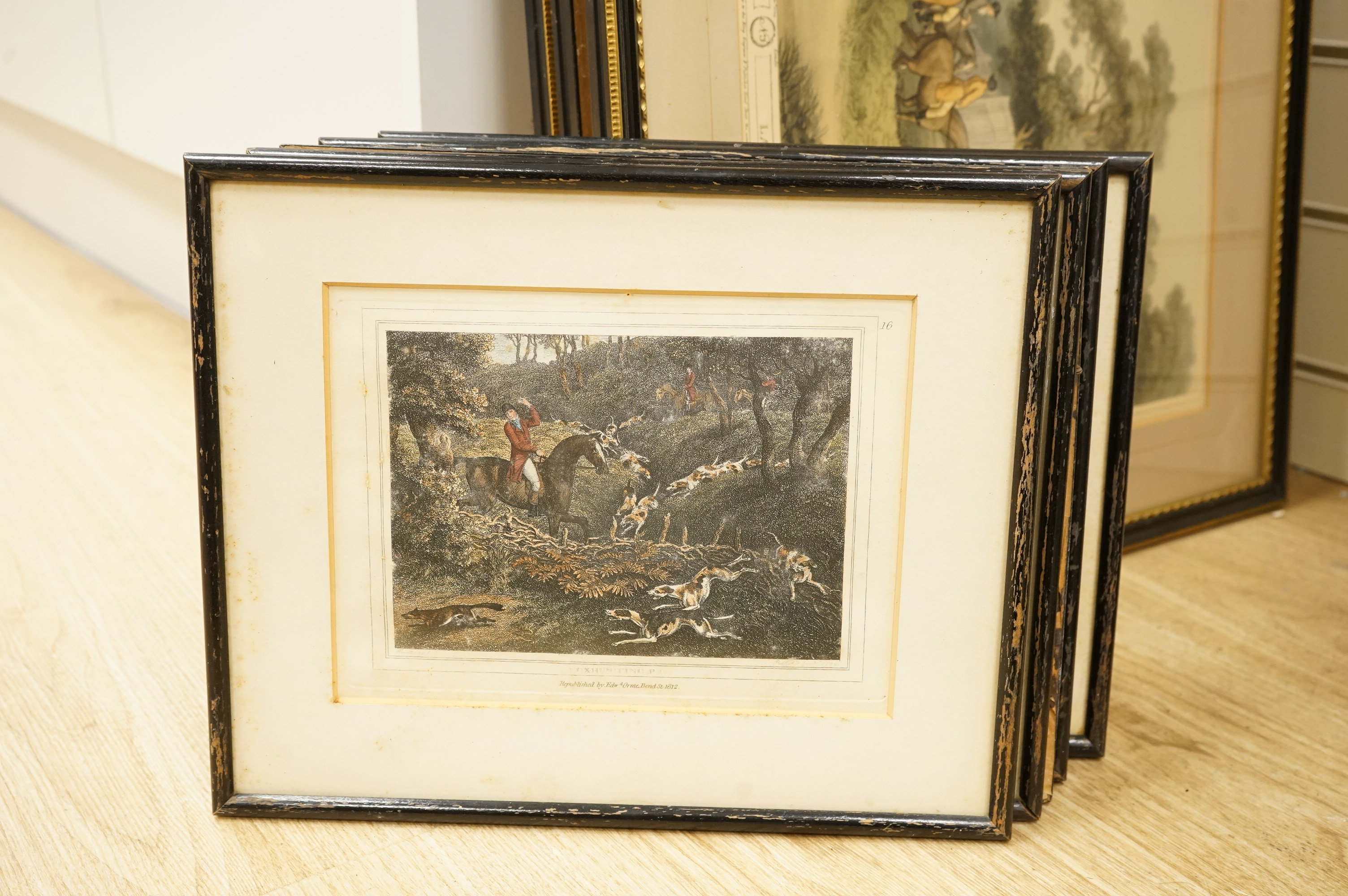 After Samuel Howitt (1756-1822), Fox hunting scenes, set of four colour prints, together with a set of five smaller examples after the same artist, largest 32 x 44cm